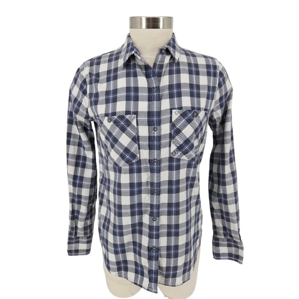 True Religion Utility Shirt Blue Plaid Long Sleeve Button Up Collared Top XS
